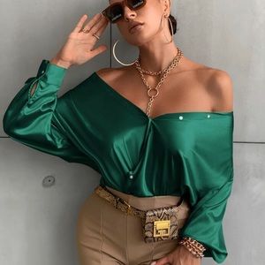 SHEIN Privé Bishop Sleeve Button Up Solid Shirt - Size 4 Dark Green